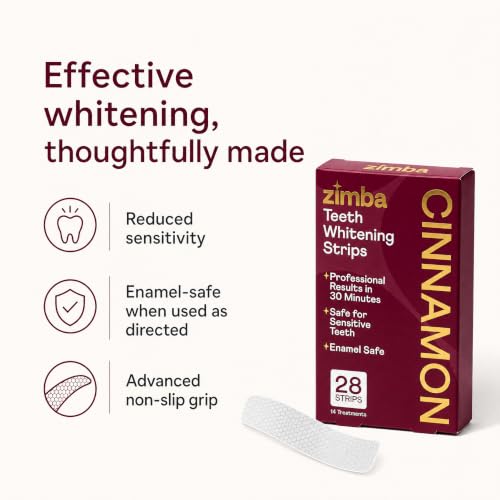 Image of Zimba Cinnamon Flavored Teeth Whitening Strips | Vegan, Enamel Safe Hydrogen Peroxide Teeth Whitener for Coffee, Wine, Tobacco, and Other Stains | 14 Day Treatment | Cinnamon