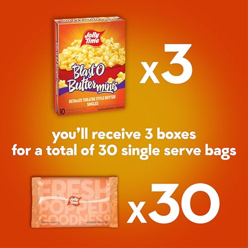 Jolly Time Blast O Butter, Ultimate Movie Theater Butter Microwave Popcorn, 1.5oz Personal Bag, 10 Bags Per Carton (Blast O Butter Minis, 1.5 Ounce (Pack of 30))