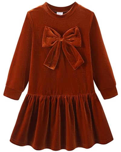 Toddler Girls Fall Dress: Velvet Long Sleeve Bow Tie Dresses for Casual Winter Christmas Holiday Party with 2-7T