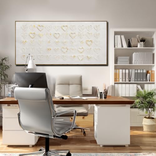Image of White And Gold Wall Art For Living Room 3d Textured Large Canvas Pictures Love Heart Wall Paintings Framed Artwork Decor 29 inchx58 inch