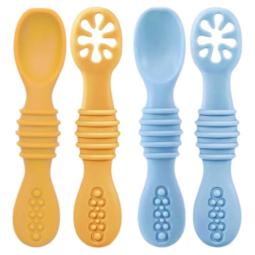 Pre Cucharas y Cucharas Bebe Silicona,4 Piezas,Set de Utensilios de Autoalimentación para Bebé,Cubiertos De Silicona Antibacteriana Y Ergonómicos,para pequeños 6 meses +