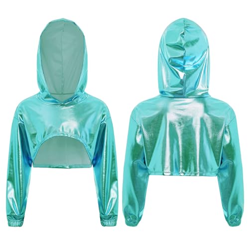 Kids Street Dance Shirts Metallic Hooded Crop Top with Raw Edge Hem Long Sleeve Streetwear for Hip Hop Dancewear3