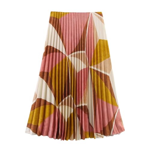 Women Pattern Suit Backless Sleeveless Hanging Neck Collar Top+Waist Printed Pleated Midi Skirt