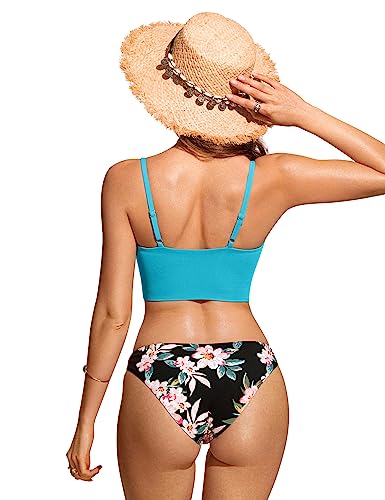 Image of CRZ YOGA V Shaped Longline Bikini Tops | Built-in Pads, A-D Cup, Cropped, Adjustable Spaghetti Straps, Swim, Bathing Suit for Women