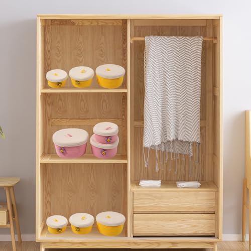 Image of Round Storage Baskets Set of 3, Woven Cotton Rope with Lids & Handles