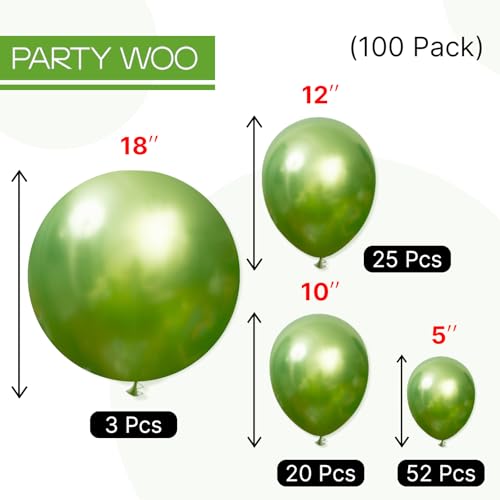 Image of PartyWoo Metallic Green Balloons 100pcs Different Sizes of 18 12 10 5 Inch Metallic Apple Green Balloons for Graduation Spring Forest Summer Wedding Baby Shower Birthday Party Decorations Green-G121
