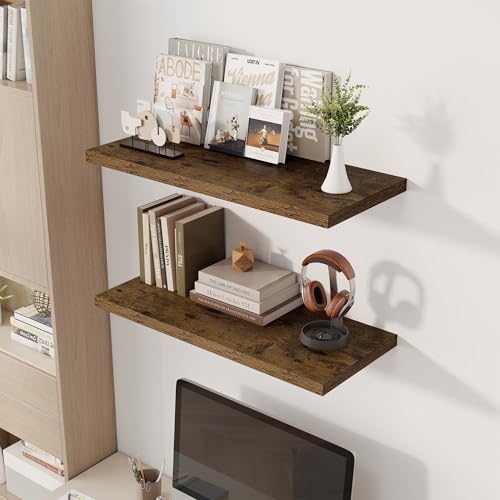 Image of Dreamland 32 inch Floating Shelves for Wall, 12 inch Deep Slim Rustic Brown Floating Shelves, Wall-Mounted Shelves for Bedroom, Living Room, Kitchen, Bathroom - Set of 2