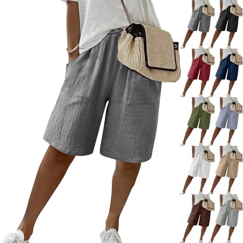 Bermuda Linen Shorts for Women High Waisted Casual Beach Long Shorts Drawstring Pull on Lounge Knee Length Short with Pockets Comfy Summer Ladies Short Pants Lightweight Flowy Wide Leg Capri Pants