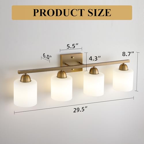 Image of Mecgirn Milk Glass Vanity Lights for Bathroom, 4 Light Brass Bathroom Light Fixtures Over Mirror, Ceramic E26 Sockets Wall Mounted