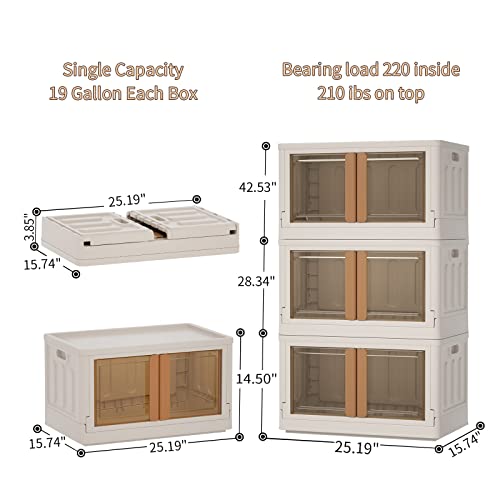 HAIXIN Plastic Storage Bins with Clear Door & Lid, 100Qt Large Capacity Folding Storage Bins for Craft and Home Storage, Stackable Storage Box with Wheels, Dorm Room Essentials (3 Pack)