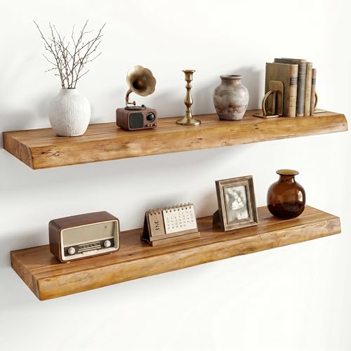 Image of Dreamland Rustic Elm Woood Floating Shelves for Wall Decor, Live Edge 32 inch W x 8 inch D Floating Shelves Set of 2, Wall Mounted Deep Wooden Shelf for Living Room, Bedroom, Kitchen, Bathroom, Natural