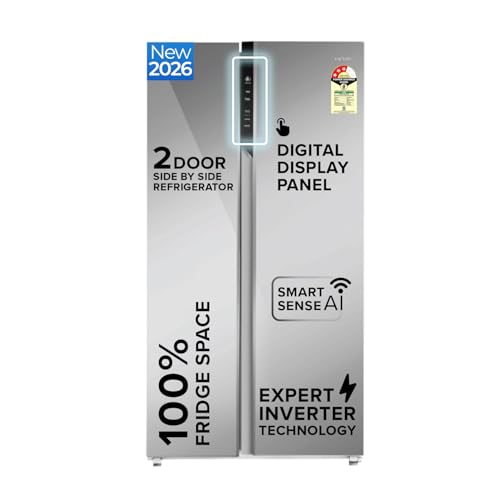 Image of Haier 602L 3Star 2 Door Premium Glass Door Side by Side Frost Free Refrigerator|Convertible|Smart Sense AI|Expert Inverter|Digital Display Panel|Deo Fresh Technology (HRS-682PMGU1, Mirror Glass)