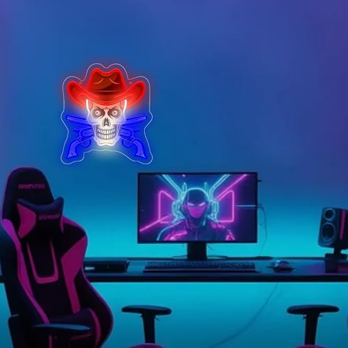 Image of Skull With Gun In Cowboy Hat Neon Sign For Wall Decor, Colorful UV Printed Neon Light with Retro Design, LED Artwork for Bar, Bedroom, Game Room, Man Cave Party Decoration Holiday Birthday Gifts