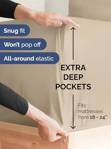 Image of Extra Deep King Fitted Sheet - Single Fitted Sheet Only - Cream | Easily Fits 18 inch to 24 inch Mattress, Soft, Wrinkle Free, Breathable & Comfy, Extra Deep Pockets Hotel Luxury Fitted Sheet