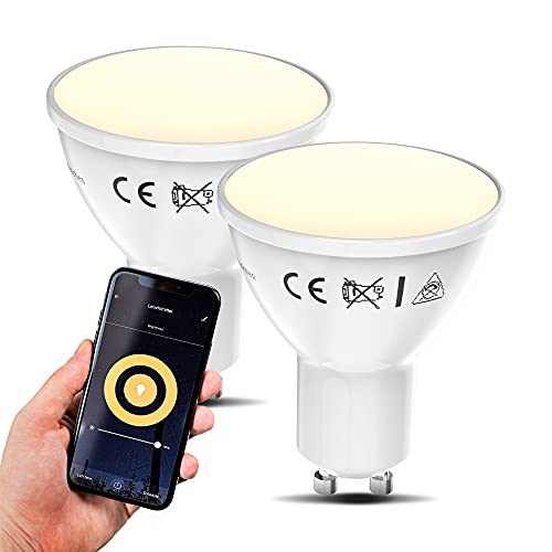 B.K.Licht Lampadine LED smart GU10, dimmerabili con App smartphone, luce calda 2700K, adatte al controllo vocale, 2 lampadine Wi-Fi, 5.5W 350Lm, attacco da faretto GU10