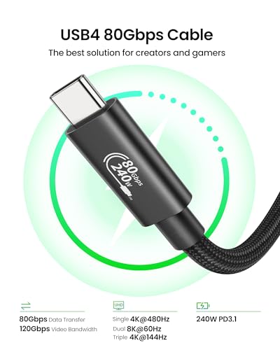 Image of Fitee 80Gbps USB4 Cable for Thunderbolt 5 Cable 8FT, High Speed USB4 Cable, 120Gbps Bandwidth for Dual 8K@60Hz, 240W Charge, USBC Thunderbolt Cable for Mac mini, iPhone 17, MacBook Pro, PSSD, Display
