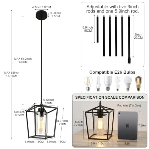 Image of 3 Pack Black Pendant Lights for Kitchen Island, 1-Light Farmhouse Metal Pendant Light Cage Kitchen Hanging Light Fixtures with Clear Glass Shade for Dining Room, Entryway, Hallway, Foyer