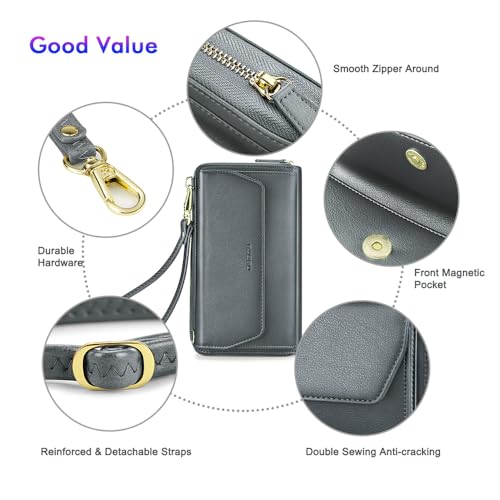 Image of nuoku Womens RFID Wallet Purse Wristlet Crossbody Clutch with Zip Around 2 Strap | RFID