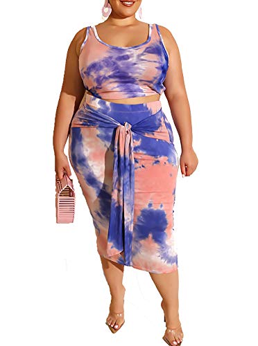 Plus Size Sexy 2 Piece Midi Dress Outfits for Women, Casual Tie Dye Print Sleeveless Crop Tops Bodycon Tie Pencil Skirts Set Blue XL