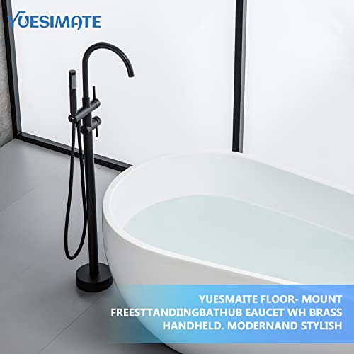 Yuesimate Freestanding Bathtub Faucet Floor Mount Tub Filler With Hand Held Shower, Two Brass Handles, 360° Swivel Spout, Matte Black Floor Mounted Brass Bathroom Tub Faucets Set #TOP1