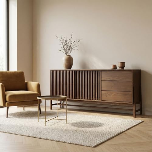 IDIMEX Buffet Adamo L 175 cm en Bois Massif Couleur Noyer avec 2 Portes Coulissantes, 3 Tiroirs, Design Chaleureux à Lamelles, Étagère Réglable en Hauteur,...