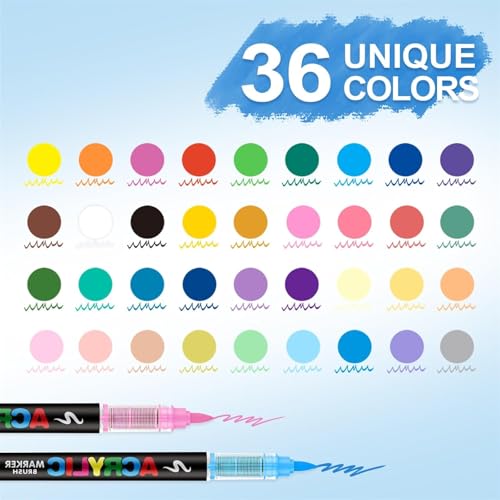 Image of Acrylic Paint Markers Brush Tip, Vivid Colors with Direct-Liquid Ink System, Professional-Grade Paint Pen for Rock Painting, Canvas, Glass, Plastic, Fabric & Creative Crafts (36 Pieces)