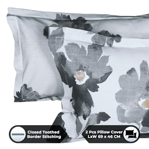 Image of Story@Home Bedsheet for Double Bed Cotton 190 TC with 2 Pillow Covers, White & Grey, Floral, 225 cm X 250 cm | Perfect for Home Decor