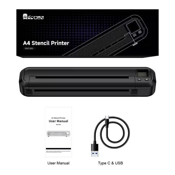 Contents of the Tattoo Gizmo MHT-500 printer package including the printer, user manual, and USB-C to USB-A cable.