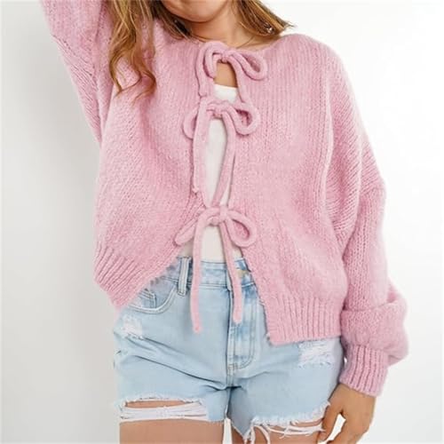 Women's Bowtie Oversized Knit Sweater Cardigan Cute Crew Neck Bow Tie Front Casual Long Sleeve Knitwears Loose Pullover Tops4