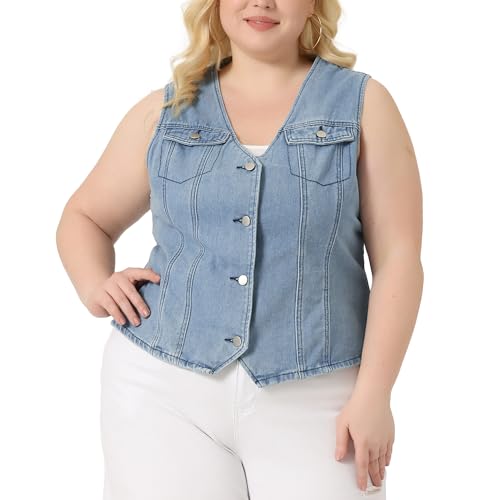 Agnes Orinda Plus Size Denim Jackets for Women V Neck Sleeveless Utility Jean Denim Vests