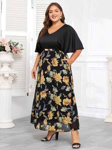 Plus Size Formal Dresses for Women - 2025 Spring Vintage Floral Maxi Dress with Belt and Pockets, Cocktail Dress Evening Gown3