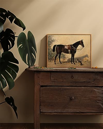 Image of ARPEOTCY Framed Canvas Horse Wall Art, Classical Horse and Dog Art Print for Home Decor, Rustic Farmhouse Country Shelf Wall Decor for Living Room, Bedroom Office, Aesthetic, 12x16 inch