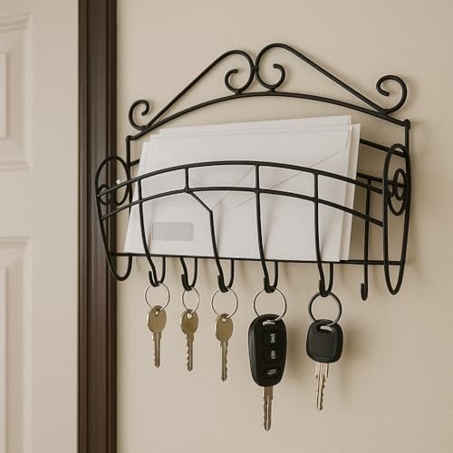 Dependable Industries Mail & Key Holder Hooks Organizer Wall Mounted Decorative Black Matte Entryway Organize Letters, Magazines, Keys, Dog Leashes Multi-Purpose