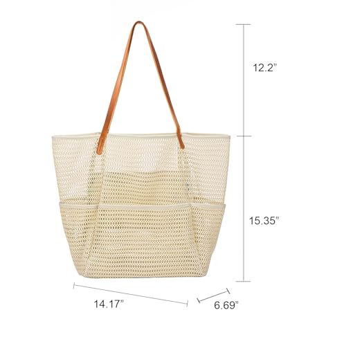 EURYNOME Mesh Beach Bag w/Genuine Leather Handle Strap，Zipper Pocket Beach Tote Bags for Women Large Mesh Swimming Pool Bags2