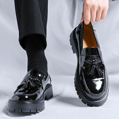 Men's Patent Leather Platform Tassel Loafers - Round Toe Slip-On Chunky Heel Lug Sole Penny Shoes Fashion Business Dress Shoes4
