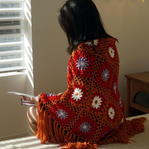 Handmade Crochet Fringed Poncho Cape Tassels Shawls Wraps Granny Square Womens Coat Sweater 68x42in4