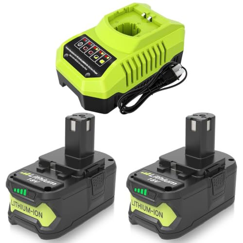 Image of Reoben 2PACK 8.0Ah Replacement for Ryobi 18V Battery and P117 Charger Combo | Compatible with Ryobi Lithium Battery and Charger 18 Volt P102 P103 P104 P107 P108 P109 Cordless Power Tools (Green-3P)