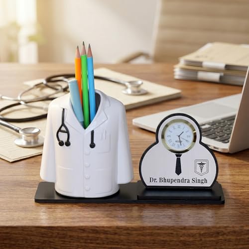 Image of Creative personalized Organizer & gift for doctor Pen Stand | Apron /Coat Shape Pencil Holder | A best gift for doctors female, male & Medical Aspirants for Graduation or Clinic Opening