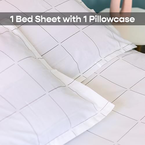 Image of SleepyCat 200TC Percale Fitted Sheets with 1 Pillowcase | 100% Breathable Cotton Bedsheet | Cool & Crsip Feel | 360 Elastic Grip for Easy Tuck|Overboard Checks, Double Size, 72x48 Inch