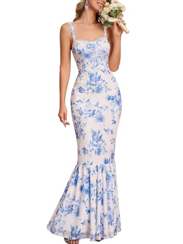HTZMO Women Floral Wedding Guest Bodycon Maxi Dress Lace Square Neck Formal Party Elegant Long...
