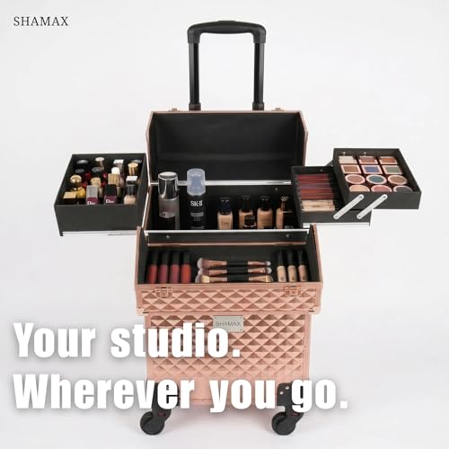 Image of SHAMAX Professional Rolling Makeup Case, Cosmetic Organizer Trolley, MUA & Salon Artist Storage Vanity Locks - Trolley for Hairdressers, Salons, Beauty Lovers - 360 Universal Wheels (3599 Rosegold)