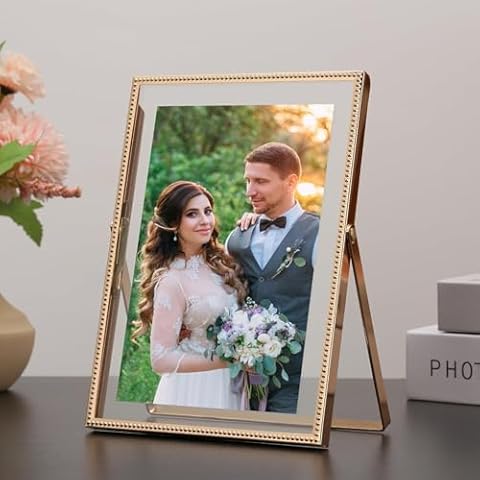 YiPinYin Gold 5x7'' Floating Frame 2Pack For Picture 3.5x5'', 4x6'', Beaded Thin Metal Edge Frames, Adjustable Tabletop/Shelf Photo Frame, Classy Wedding Gift and Home, Office Decor Frame Cover