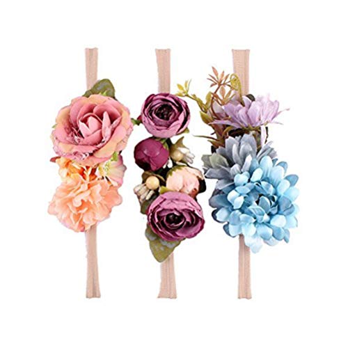 Ever Fairy Raffhalter Blumen Krone ELASTISCH Blumen Stirnband Baby Mädchen Blumenmuster Krone Kranz Neugeborenes Haarzubehör Party Versorgungen - 3 Farben Packung - D, One Size
