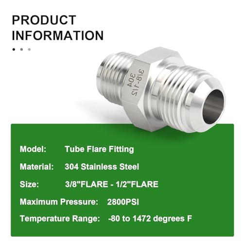 Image of TAISHER 5PCS Forging of 304 Stainless Steel Tube Flare Fittings, 3 /8 inch Male Flare x 1 /2 inch Male Flare, Union