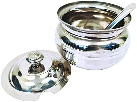 IndiaBigShop Stainless Steel Storage Pot for Oil, Ghee, Salt, Tea, Coffee, Spices, Dry fruits, Sugar, Ghee Pot with Spoon, Oil Container, Oil Storage Can, Oil Keeper Capacity Diameter- 8 Oz