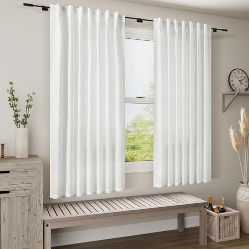 Image of Nanspring White Linen Curtains 64 Inches Long 2 Panels Set Back Tab Rod Pocket Semi Sheer Light Filtering Curtains Airy Elegant Window Privacy Drapes for Kitchen Bedroom Children Living Room 52x64