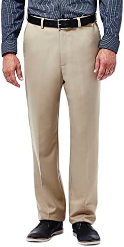 Haggar mens Cool 18 Stria Hidden Expandable Waistband Plain Front casual pants, British Khaki, 38W x 30L US