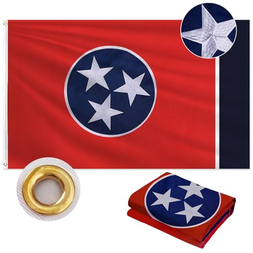 Tennessee Flag 3x5 FT Outdoor Double Sided Heavy Duty 210D Polyester Fabric Embroidered Tri-Star Circle and 4 Rows Stitching Fly Ends with 2 Brass Grommets | State of Tennessee TN Flag for Indoor Home