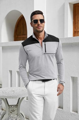 EDITCOZY Mens Quarter Zip Pullover Polo Shirts with Pocket Casual Long Sleeve Collared Golf Shirts3