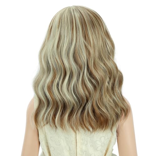 Image of PATTNIUM Blonde Brown Short Curly Wavy Wigs for Kids Girls Side Part Blond Mixed Brown Shoulder Length Heat Resistant Synthetic Wig Halloween Cosplay Costume Party Wigs